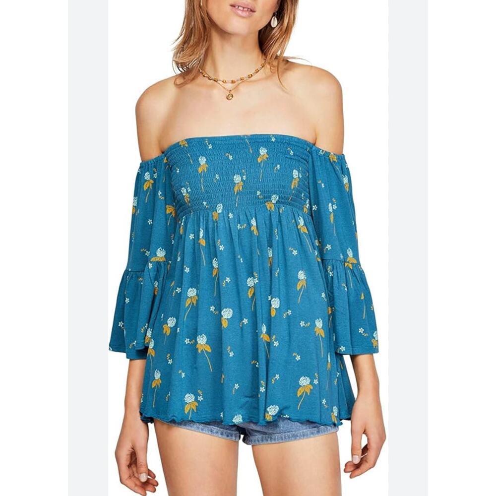 NWT Free People Lana Tunic Top Women’s Medium Blue Floral Boho Peasant Blouse
